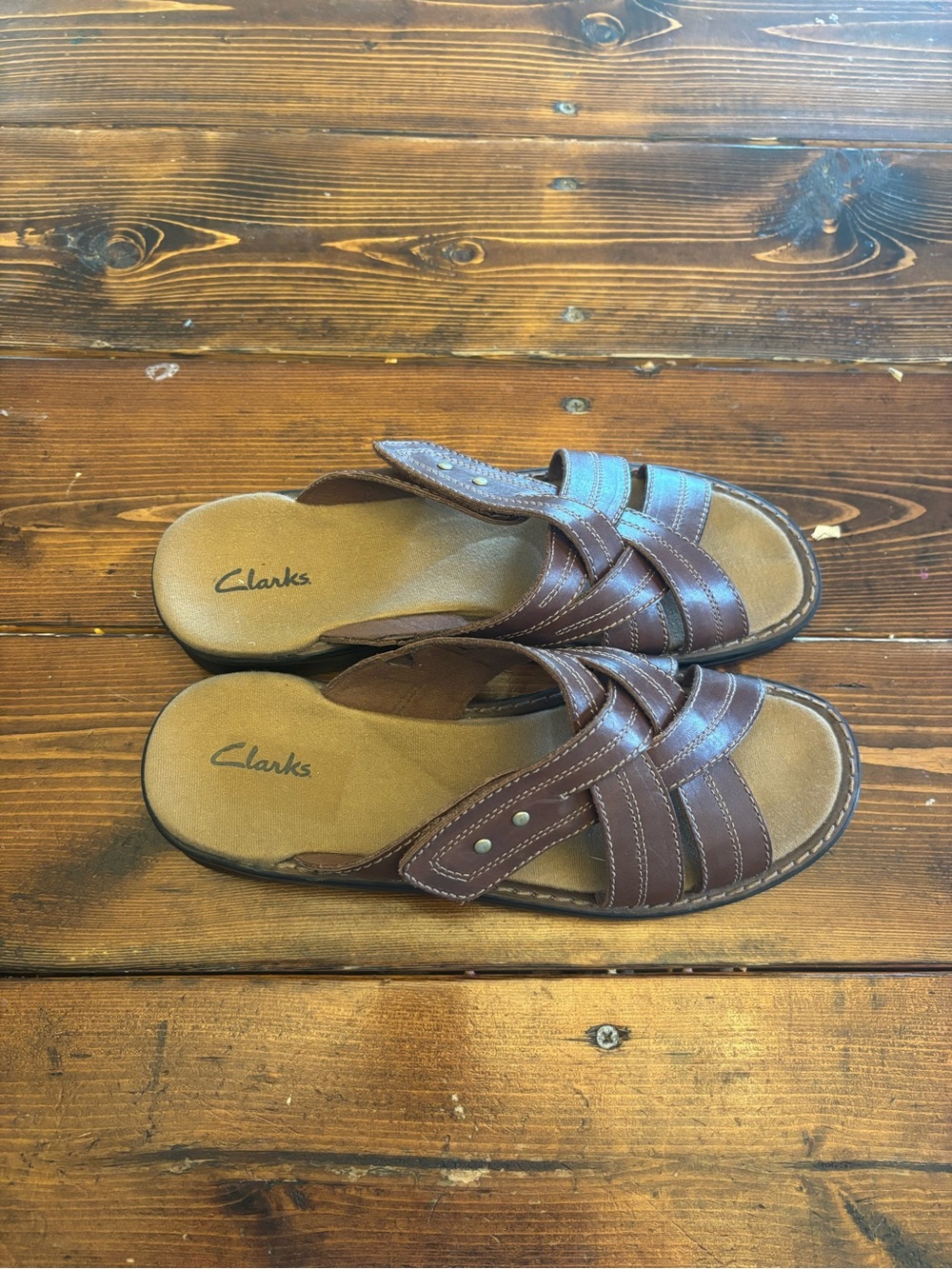 Clarks Brown Leather Crossover Slide Sandals